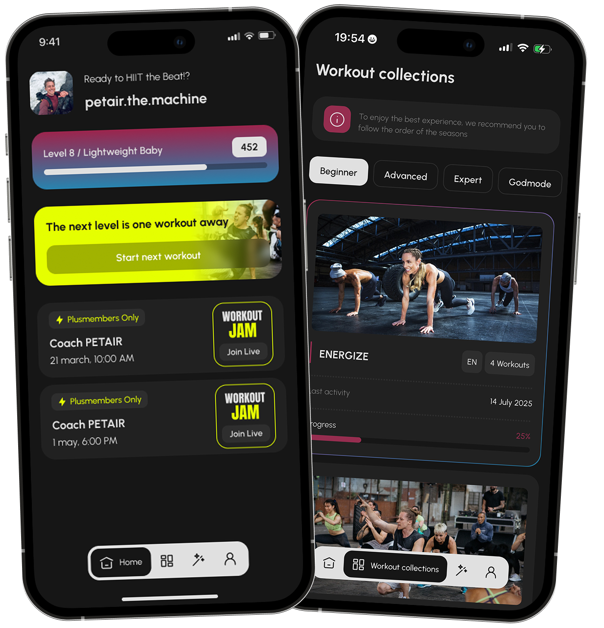 HIIT the Beat app screens with Workout Jam and workout collections